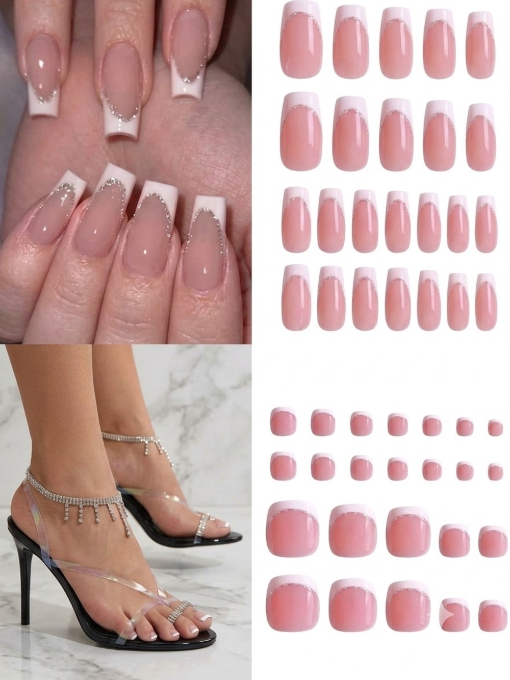2/$25 Coffin French Tip Press On Nails Matching Finger And Toe Nail Designs